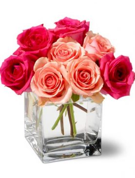Bunch of Pink & Red Roses in a Glass Vase