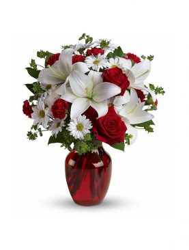 Glass Vase with Red and White Roses